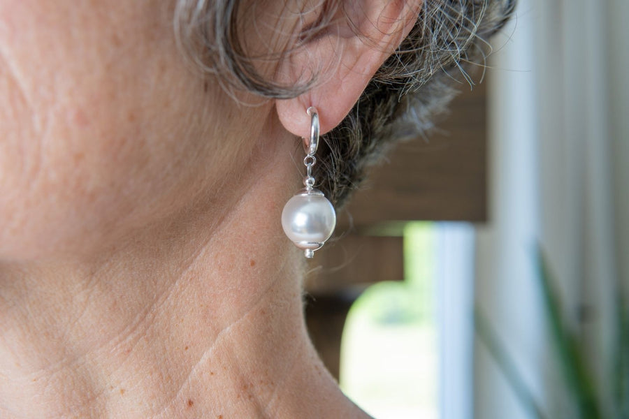 Large white European crystal pearl earrings