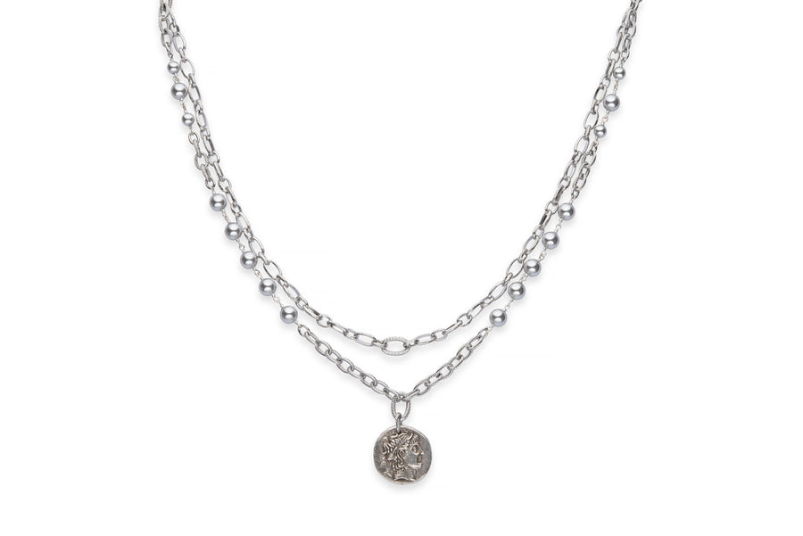 Pearl, silver chain and medallion necklace