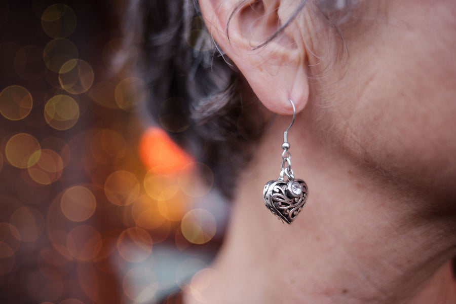 Ornate pewter heart earrings