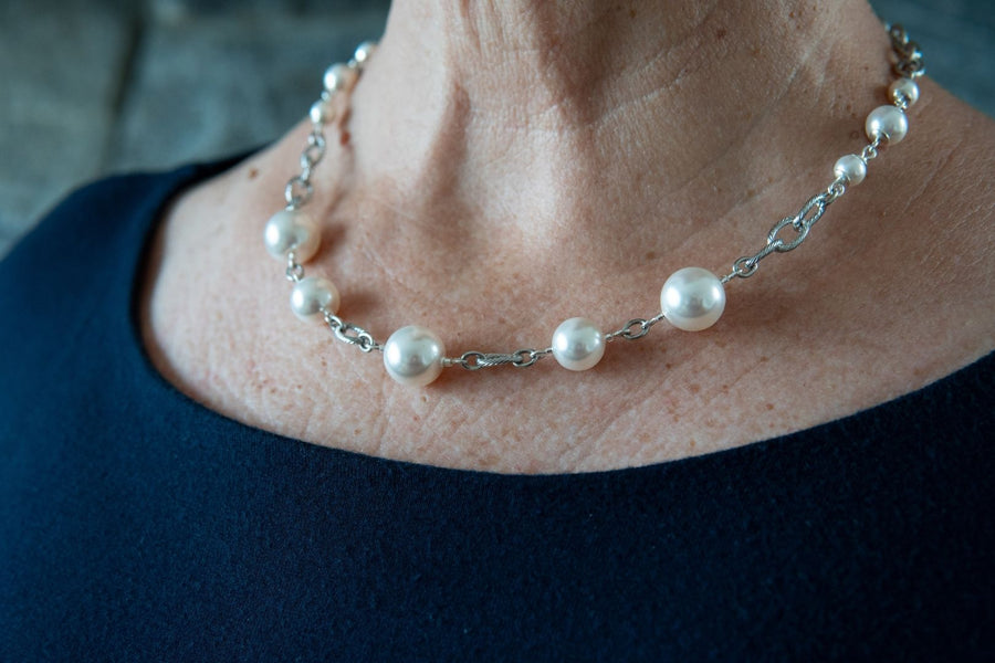 White pearl and stainless steel necklace