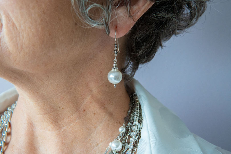 White pearl and silver earrings