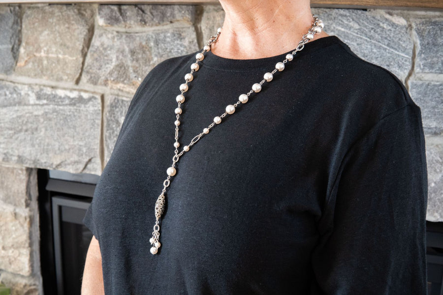 White pearl and pewter accent necklace