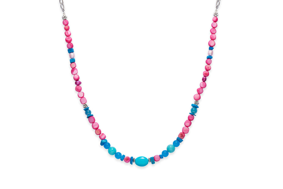 Pink and blue pearl and gemstone necklace