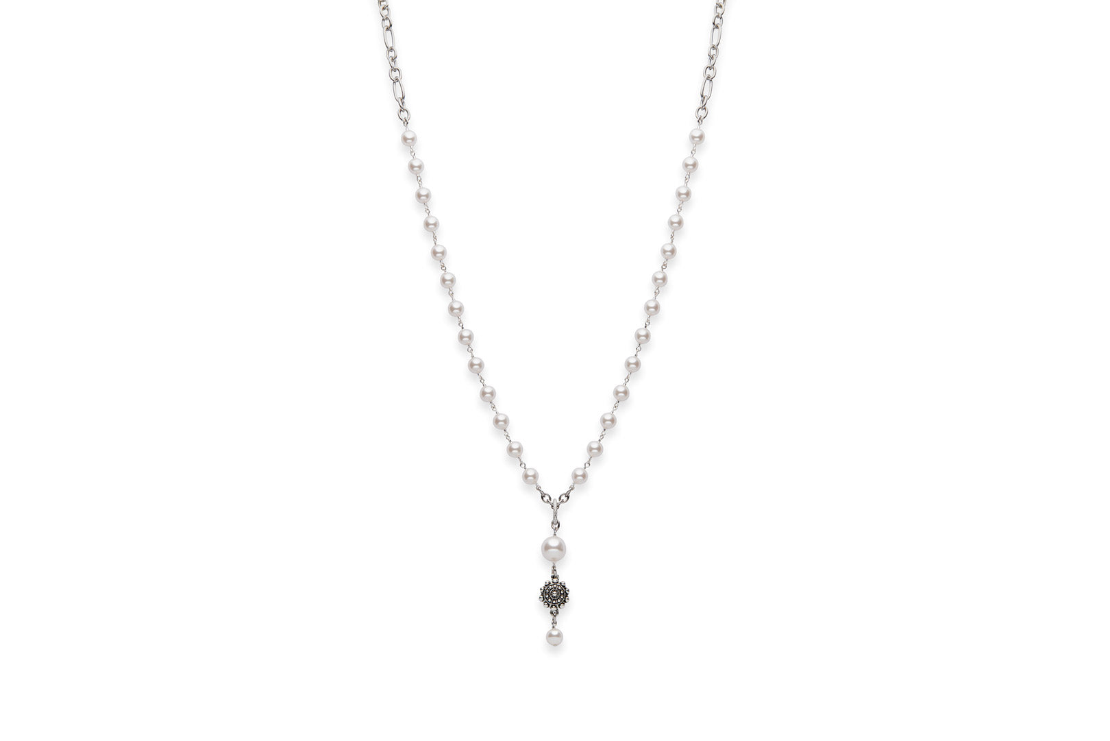 Long pearl necklace with flower accent