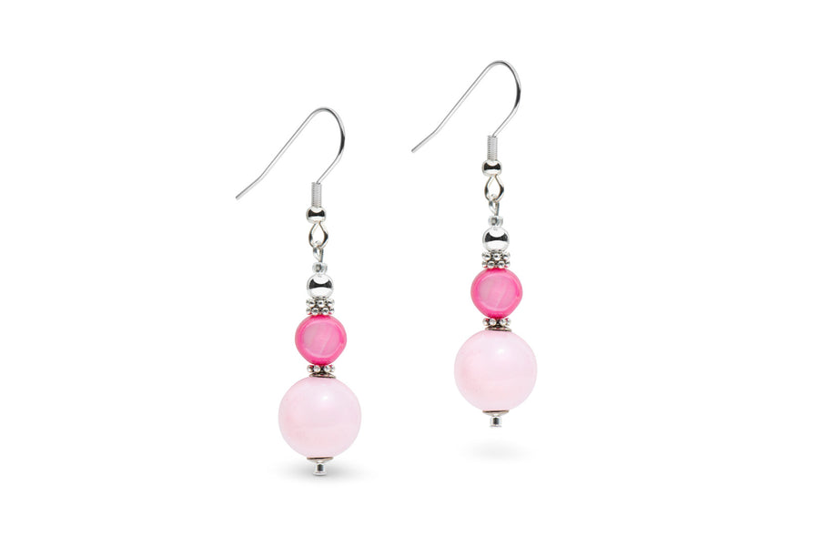 Pink shell pearl and jade earrings