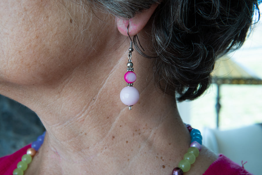 Pink shell pearl and jade earrings