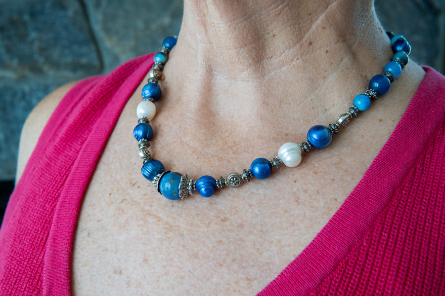 Blue pearl and pewter necklace