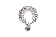 Pewter heart, stainless steel and European crystal pearl bracelet