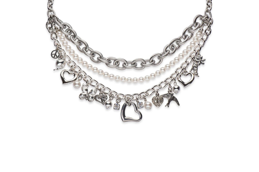 Silver, pearl and charm statement necklace
