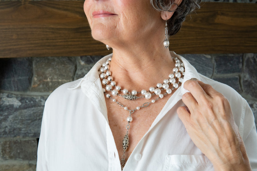 White pearl and pewter necklaces