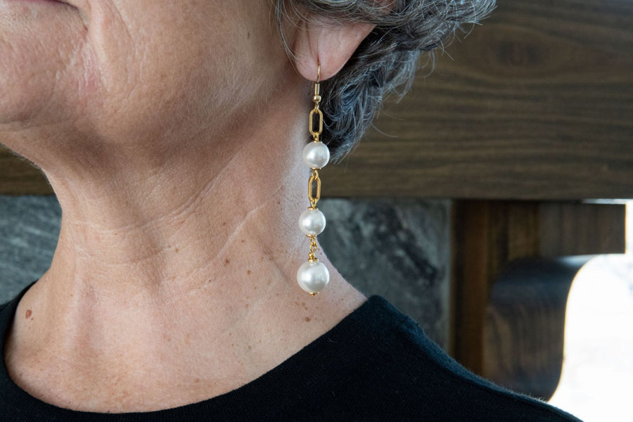 Long gold & white pearl earrings