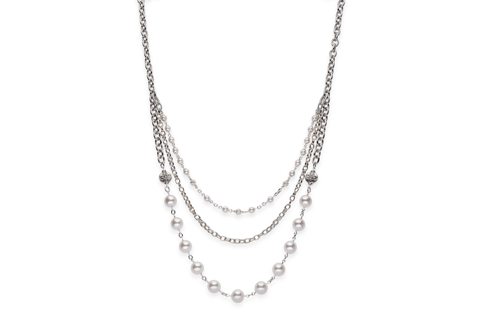 White pearl, sterling silver, pewter and stainless steel necklace