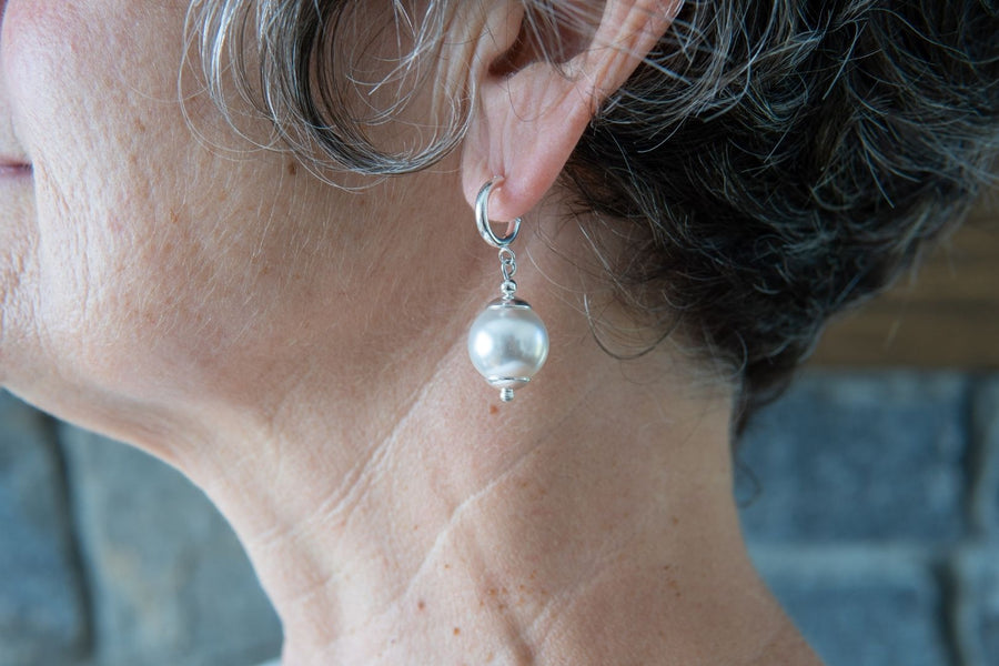 Large white European crystal pearl earrings