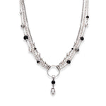 Silver, onyx and European crystal pearl statement necklace