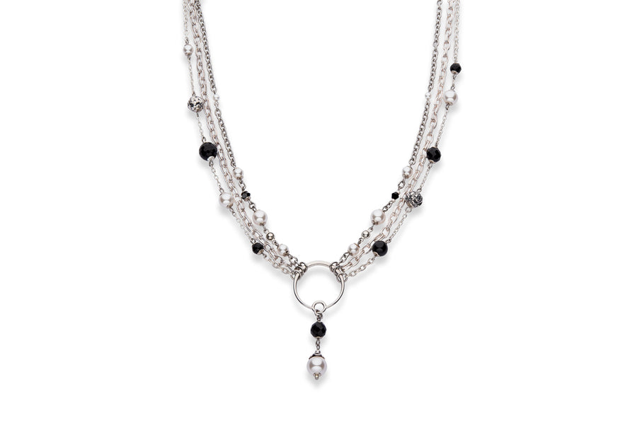 Silver, onyx and European crystal pearl statement necklace