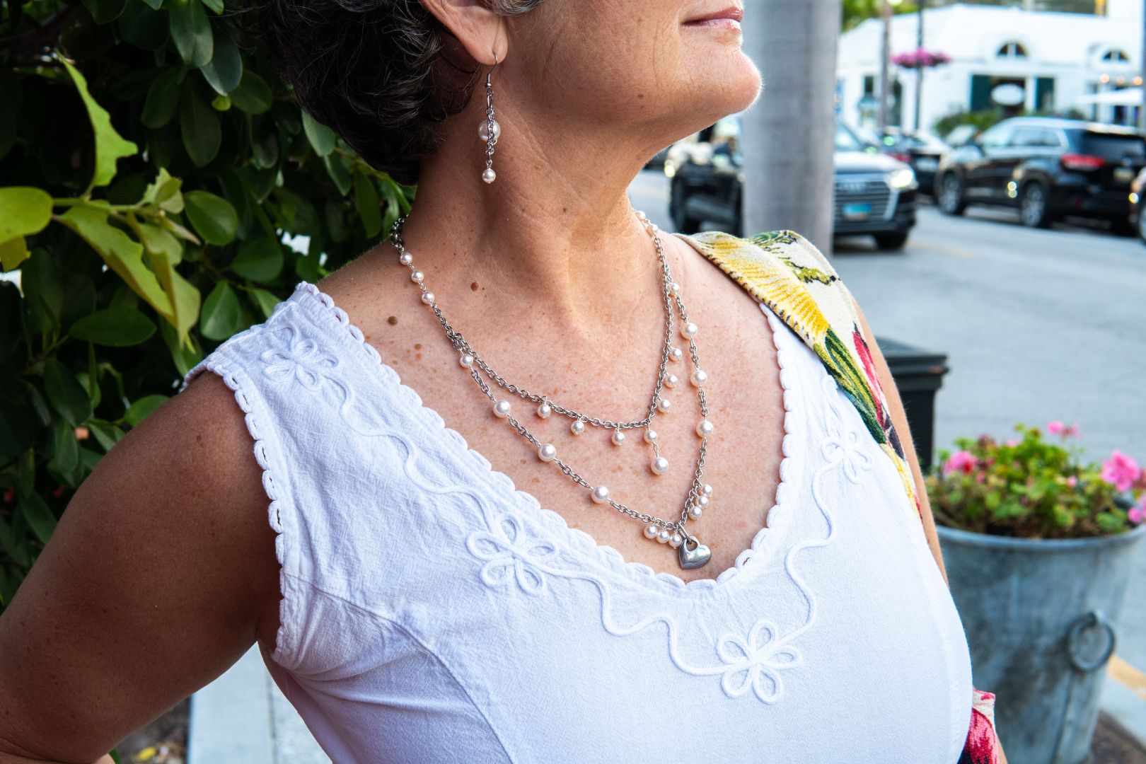 Long white pearl necklace