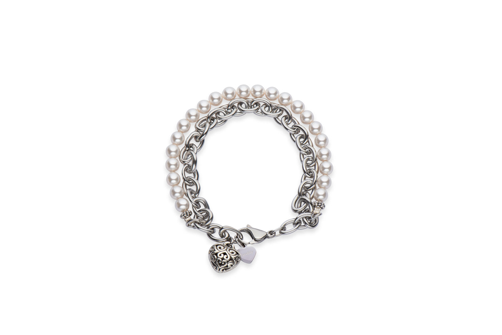 Chain and white pearl bracelet with a heart charm