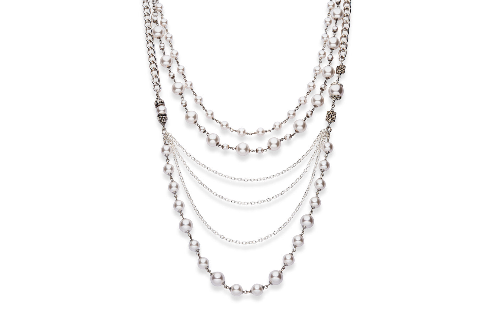 statement necklace made from European crystal pearls, sterling silver chains, silver plated chains