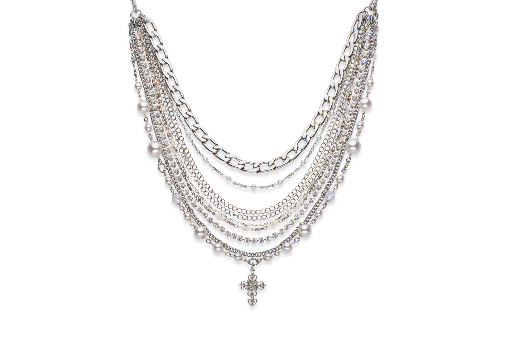 Chain, white pearl and cross necklace
